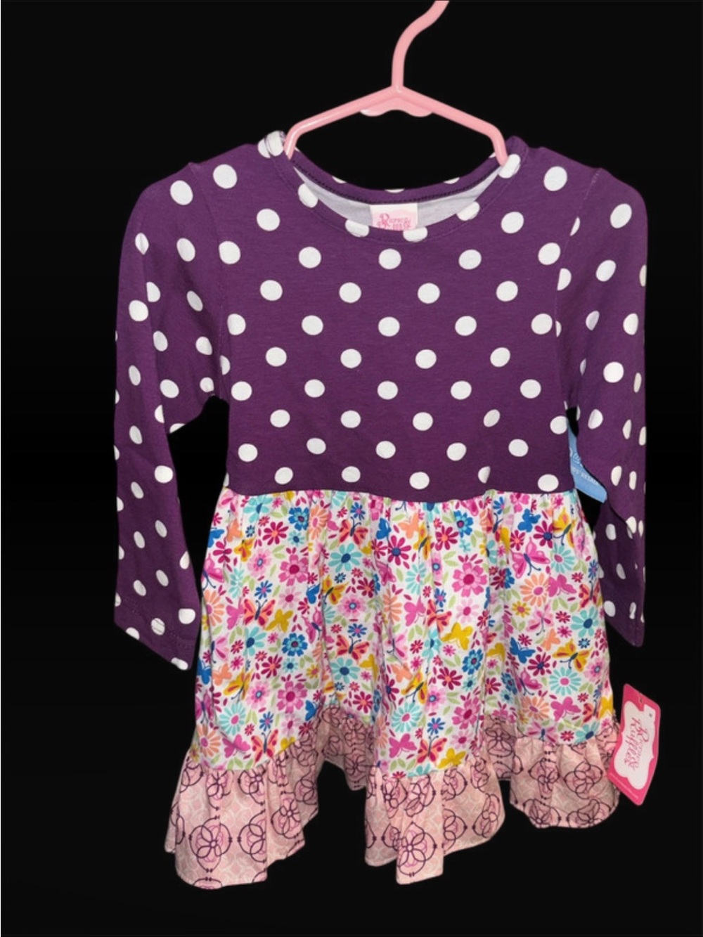 Purple Polka Dot & Floral Ricrac & Ruffles Kids Dress